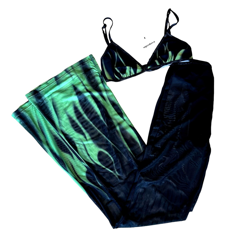 Superdown Black Flare Pant Set SMALL Crop Top Flames Coachella Festival $88 NEW - Picture 8 of 12